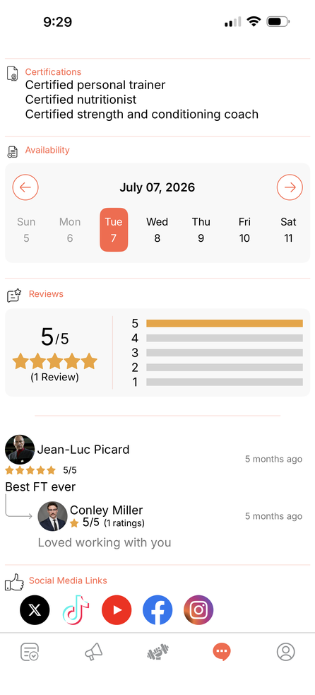 Fit Local app: a trainer profile with ratings and reviews